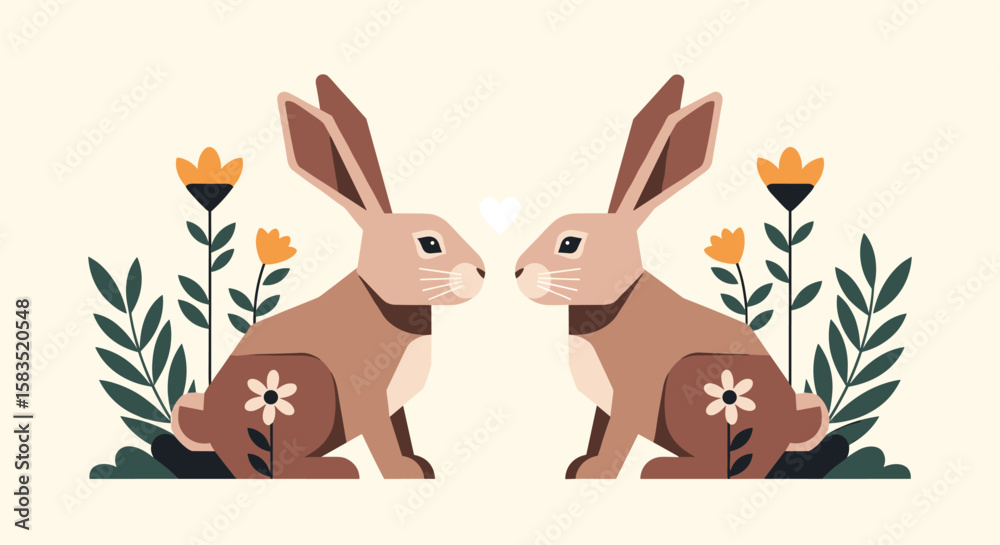Fototapeta premium Two adorable rabbits meet amongst spring flowers and greenery
