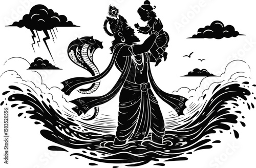 Krishna Janmashtami 2025 – Blessings of Divine Birth, Vasudev Carrying Baby Krishna Through Flooded Waters in Black Silhouette Art