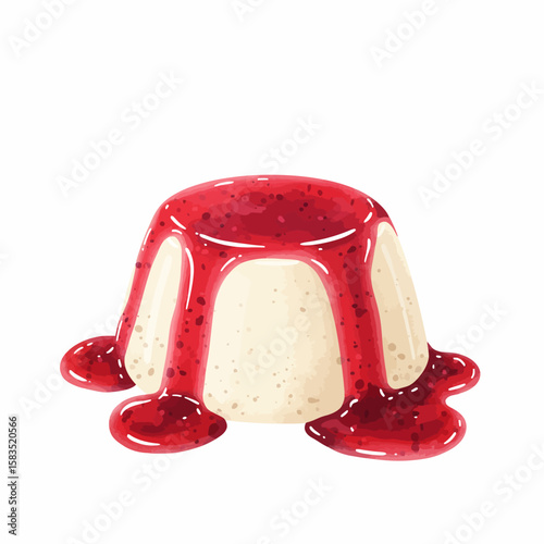Delicious panna cotta dessert with strawberry sauce, elegant food illustration on white background