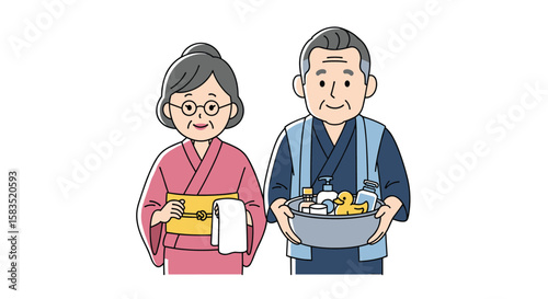 Elderly couple enjoying onsen experience with traditional yukata and bathing amenities