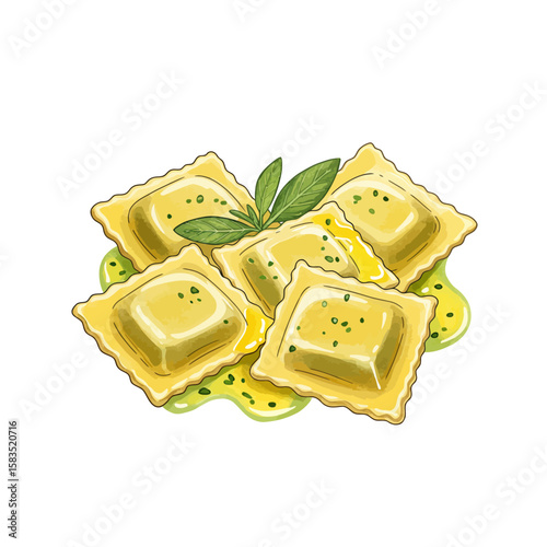 Delicious ravioli pasta dish with fresh herbs and vibrant pesto sauce, culinary delight concept