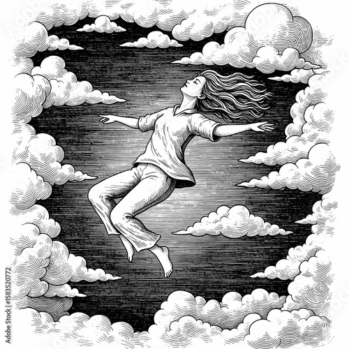 Dreamlike illustration of a woman levitating in the clouds, experiencing a moment of pure freedom and tranquility.