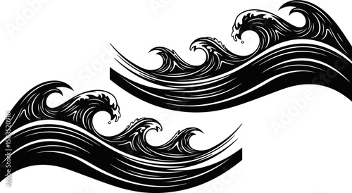 Black Silhouette 3D Vector of Powerful Ocean Waves – Dynamic Sea Water Artwork