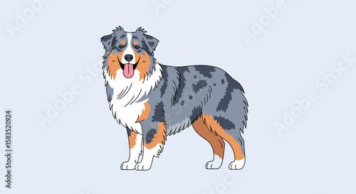 Adorable blue merle australian shepherd dog standing proudly in a pixelated artistic style