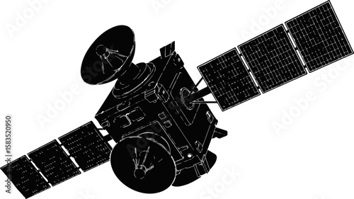 Black Silhouette 3D Vector of Modern Space Satellite with Solar Panels and Antennas