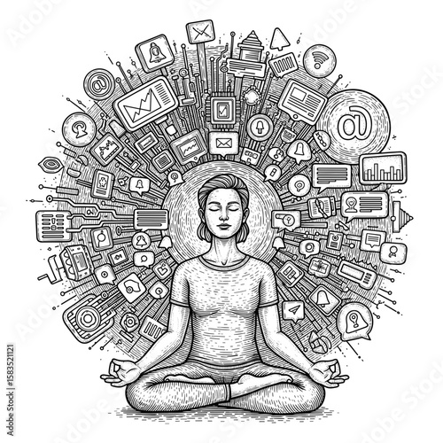 A woman practicing mindfulness meditation to find inner calm, representing digital detox from the chaos of online information and social media.