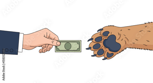 Human hand offers money to large animal paw in white background