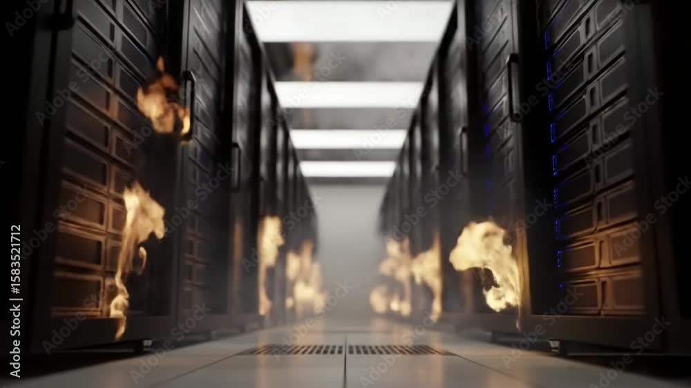 Burning Server Room With Dense Black Server Racks Engulfed In Fire and ...