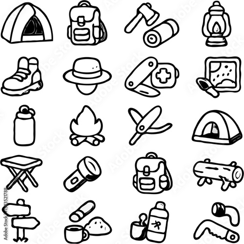 Camping and Hiking Essentials:  A collection of hand-drawn icons depicting equipment and supplies for outdoor adventures.