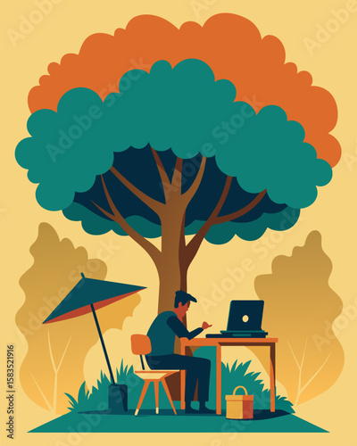 The nomad sets up a makeshift office under a sprawling oak tree using its shade to shield them from the warm afternoon sun.. Vector illustration