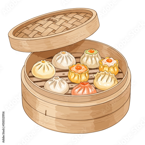 Steaming bamboo dim sum basket illustration with various flavorful dumplings, asian cuisine concept