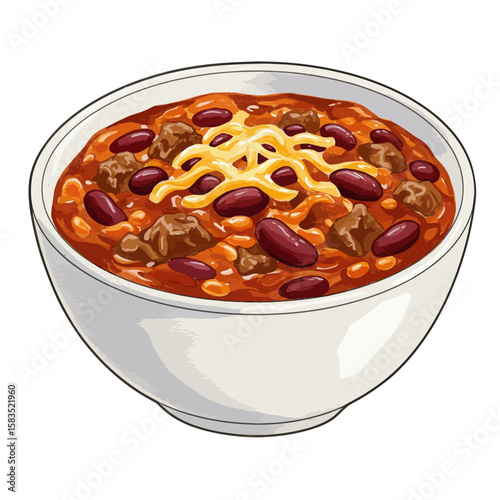 Delicious bowl of chili with beans, meat, and melted cheese, comfort food, illustration on white