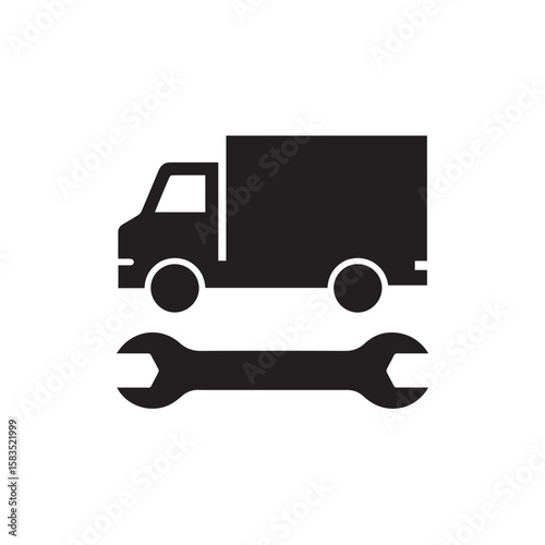 Delivery Truck Maintenance Icon Flat Vector Illustration of a Vehicle with a Wrench, Representing Service, Repair, and Logistics Solutions