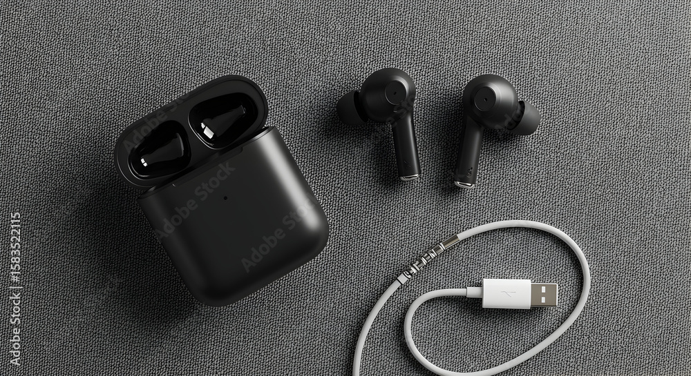 Black Wireless Earbuds with Charging Case and USB Cable on Gray Surface Black Wireless Earbuds with Charging Case and USB Cable on Gray Surface