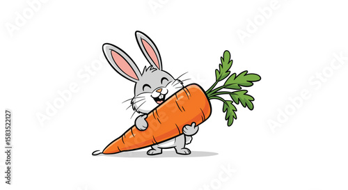A cute cartoon bunny rabbit happily hugging a big orange carrot