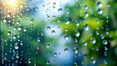 Window droplets: Captivating close-up of rain droplets clinging to a window, creating a mesmerizing display with blurry greenery backdrop, evoking a sense of tranquility and introspection.
