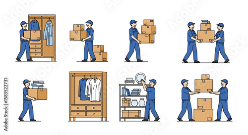 Illustrations of movers transporting boxes and furniture during relocation services