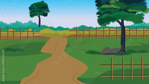 Vector illustration of village road vector art village tree background for cartoon
