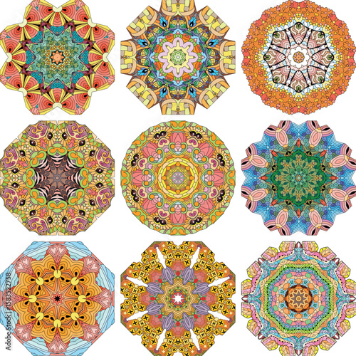 Set of colorful cute Mandalas. Decorative unusual round ornaments.