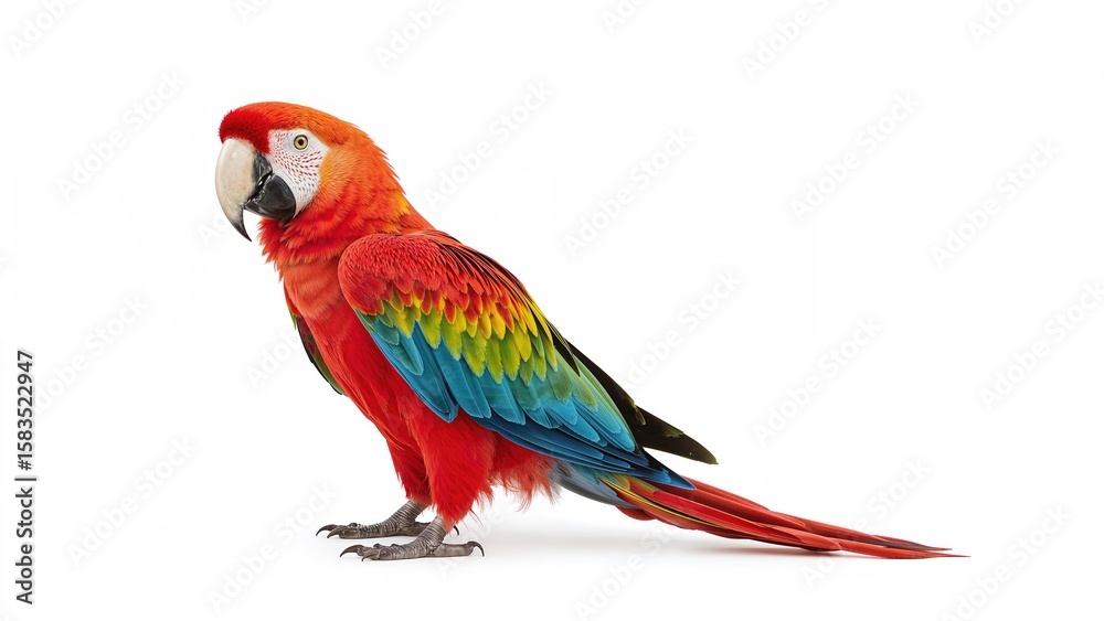 Fototapeta premium Bright Scarlet Parrot in Enclosure, Rear View, Isolated Against White