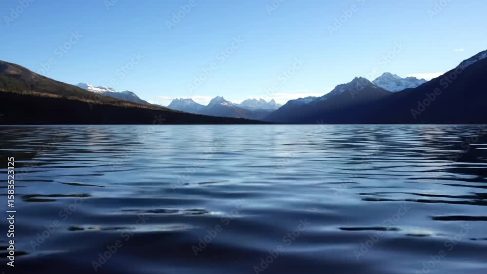 The stunning natural scenery features a calm lake with clear blue water, surrounded by tall, remote mountains in the distance. The clear sky creates a peaceful and natural atmosphere.