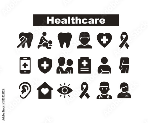 Black Icons: Dental Care, Chiropractic, Medicalcare & Healthcare