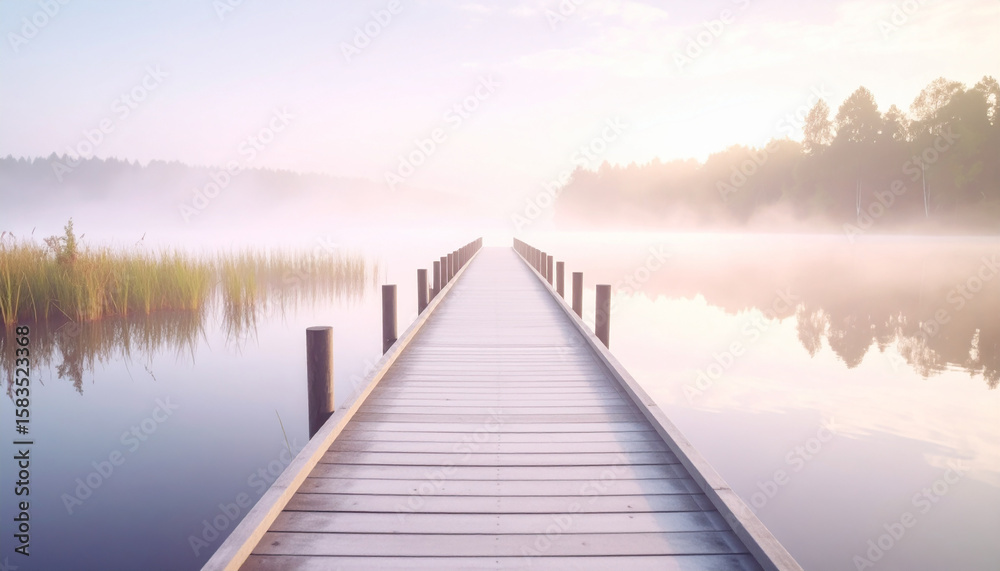 Fototapeta premium Ruhiger Alpensteg im sanften Morgenrot über spiegelndem Wasser