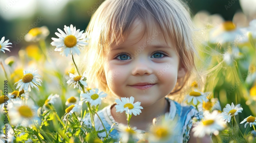 A young girl with blonde hair smiling in a field of daisies. A young girl with blonde hair smiling in a field of daisies.