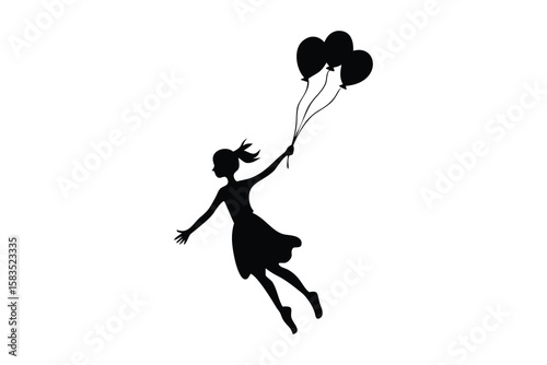 black and white, silhouette, floating girl, balloons, whimsical, minimalist, monochrome, sketch-like, floating, dreamlike, ethereal, surreal, simplistic, symbolic, female figure, flying, levitating, b