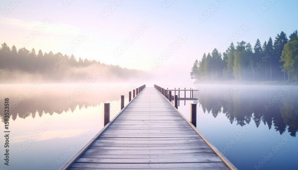 Naklejka premium Zarter Morgennebel hüllt den Steg am Bergsee in Pastelllicht