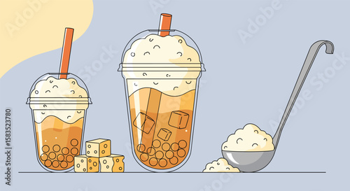 Delicious sweet creamy bubble tea drinks and ingredients for refreshing beverage preparation