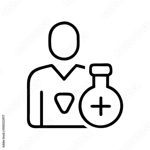 Icon of person holding laboratory flask. Clinical trial concept