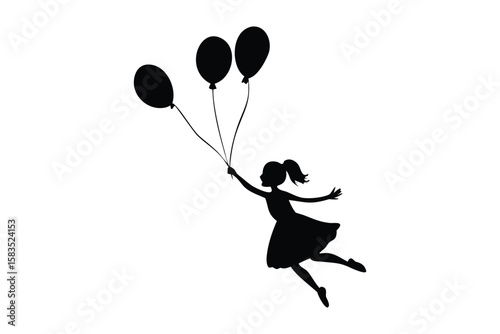 black and white, silhouette, floating girl, balloons, whimsical, minimalist, monochrome, sketch-like, floating, dreamlike, ethereal, surreal, simplistic, symbolic, female figure, flying, levitating, b
