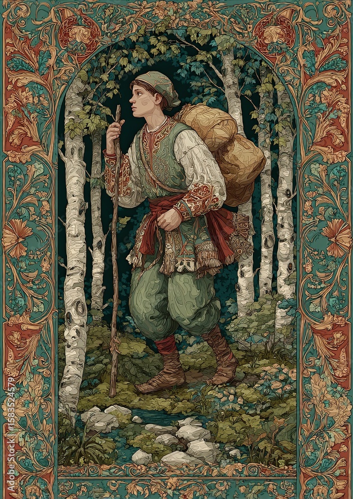 Obraz premium The Fool Card Slavic Folklore Tarot Illustration — Young Traveler in Embroidered Shirt Walking Forest Path with Bindle, Framed by Ornate Eastern European Floral Motifs