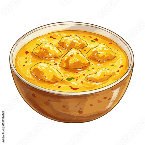 Delicious creamy curry bowl with dumplings, illustration of indian cuisine, food art, isolated on wh