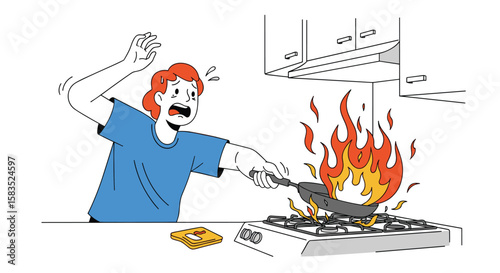 Kitchen fire emergency person panicked over cooking accident on gas stove