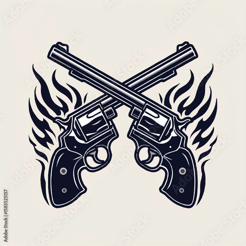 "Crossed Revolvers with Flame Effect - Vintage Firearm Tattoo Style Vector"
