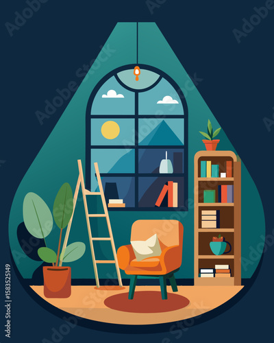 The cozy loft nook served as the perfect reading spot for the freelance photographer to flip through art books and find inspiration.. Vector illustration