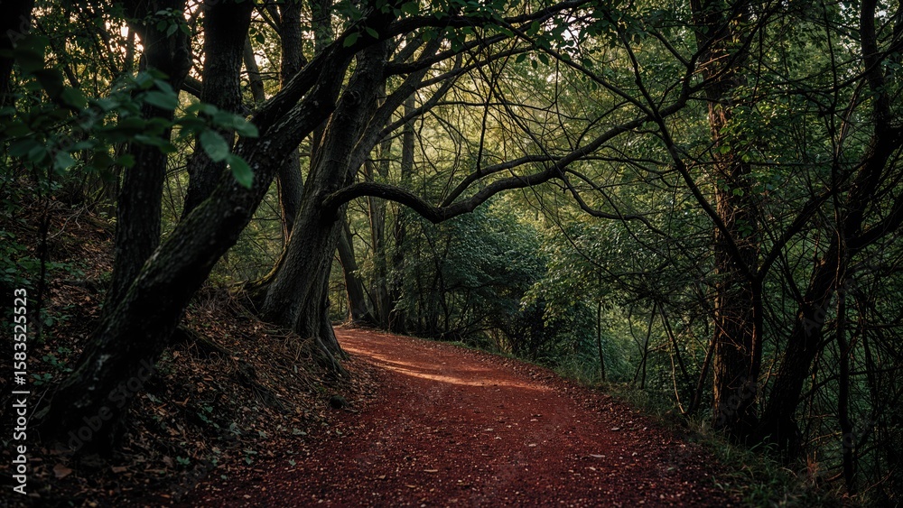 Fototapeta premium Mystical woodland path bathed in deep red hues