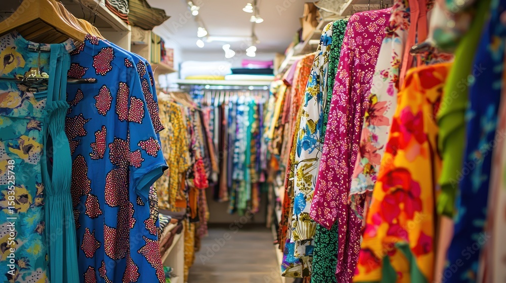 Fototapeta premium A vibrant clothing store with colorful dresses hanging on racks.