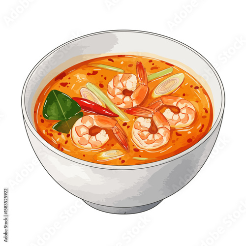 Delicious Tom Yum Soup with Shrimp in a White Bowl, Thai Cuisine, Close-up Illustration