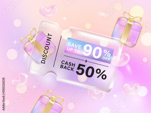 Transparency glassmorphism gift voucher coupon for discount sale on gradient background. Discount offer tag with shiny, glossy, reflective surface.