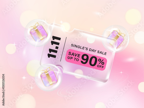 Transparency glassmorphism gift voucher coupon for 1111 single day sale on gradient background. Discount offer tag with shiny, glossy, reflective surface.