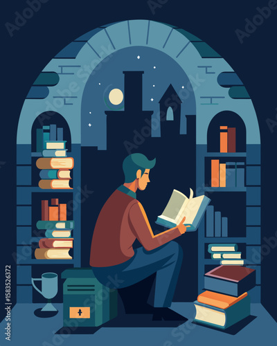 Drawn to the quiet corners of the castle the freelancer discovers a hidden library filled with leatherbound books and dusty tomes the perfect spot for a cozy afternoon of reading. Vector illustration
