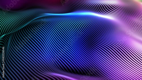 Smooth motion of 3D sound waves in virtual space. Abstract concept of artificial intelligence (AI), big data science, digital soundwave equalizer. Wave splashes on digital surface, 4K looped video