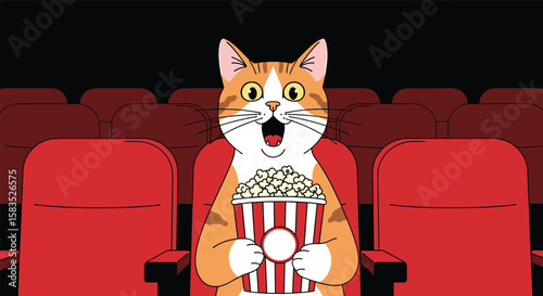 Astonished orange cat watches a movie in a dark theater while eating popcorn