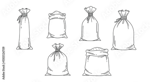 Collection of six various tied fabric pouches and sacks with drawstring closures