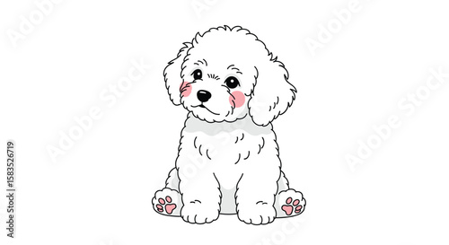 Adorable fluffy white puppy dog sitting and looking up shyly with pink cheeks