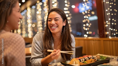 Women having fun eating sushi in a restaurant