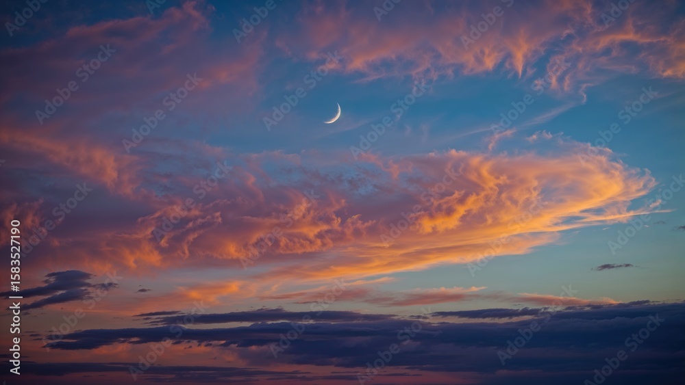 Fototapeta premium Glowing crescent moon with vibrant clouds during sunset
